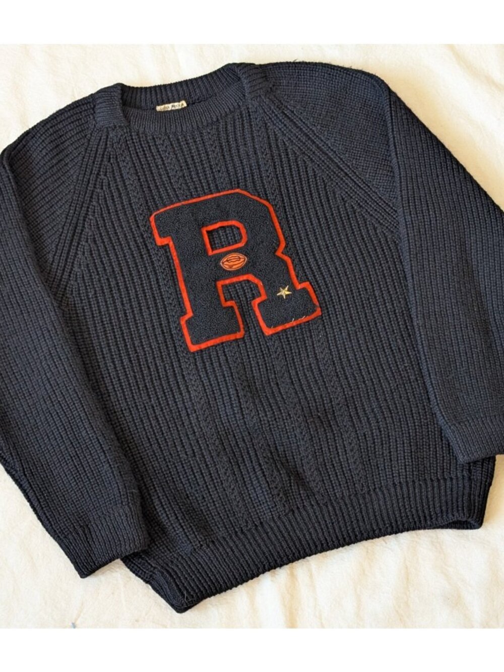 Vintage 50s 60s Black Knit Wool Varsity Letterman Pullover Sweater MD Belgium
